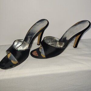 Open toe Black stiletto heels with Rhinestones Size 7.5
